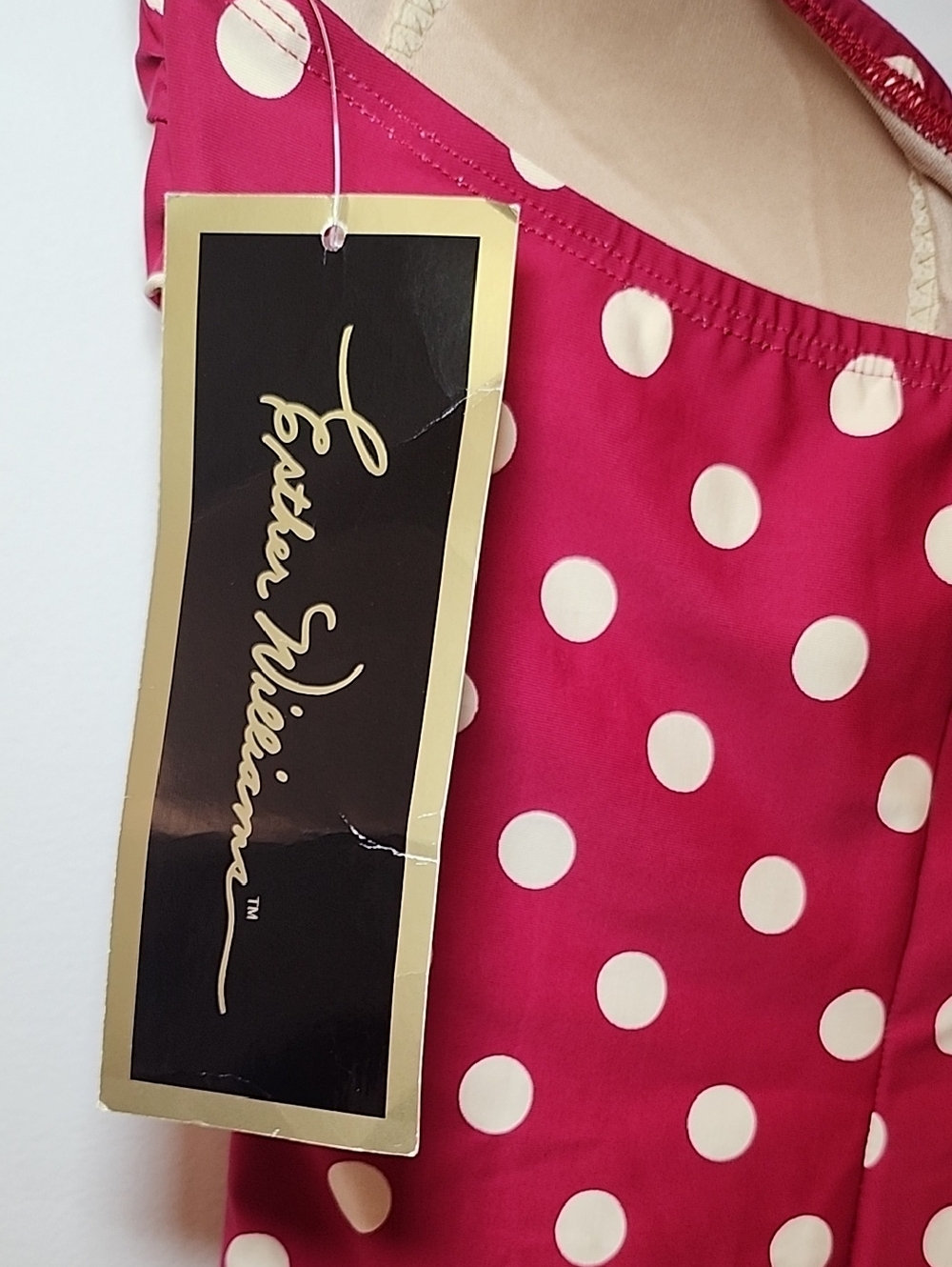 Esther Williams red white polkadot halter one-piece swimsuit ruched fabric Sz 12 - Picture 13 of 16